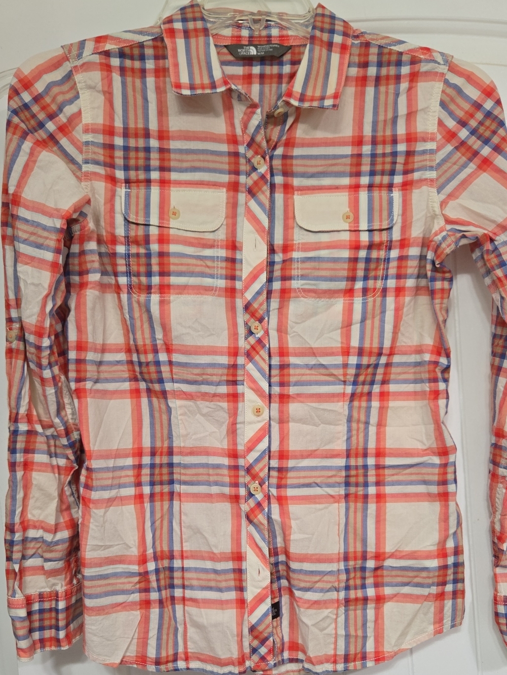 The North Face Coral and Blue Plaid Button-Down Shirt